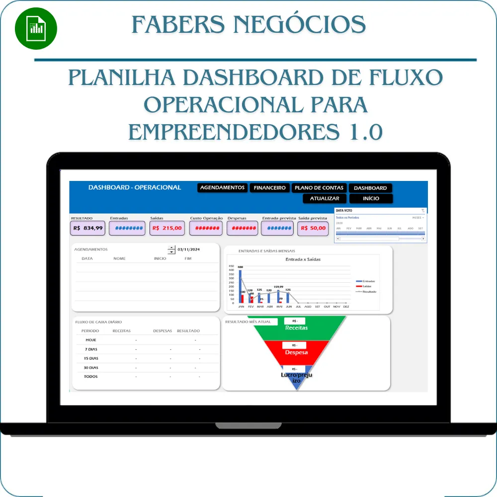 Planilha Dashboard de Fluxo Operacional para Empreendedores 1.0 em Excel