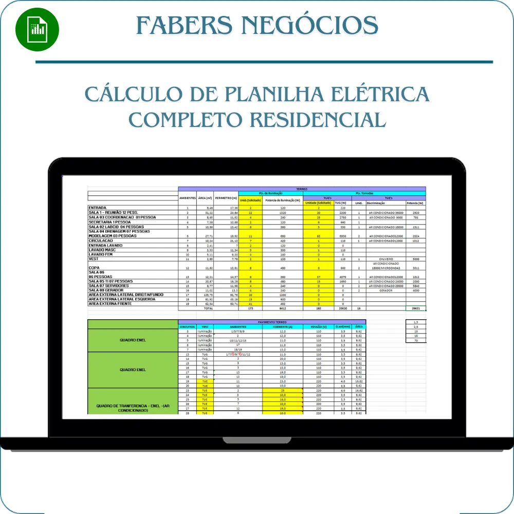 Planilha de Cálculo elétrico completo Residencial em Excel