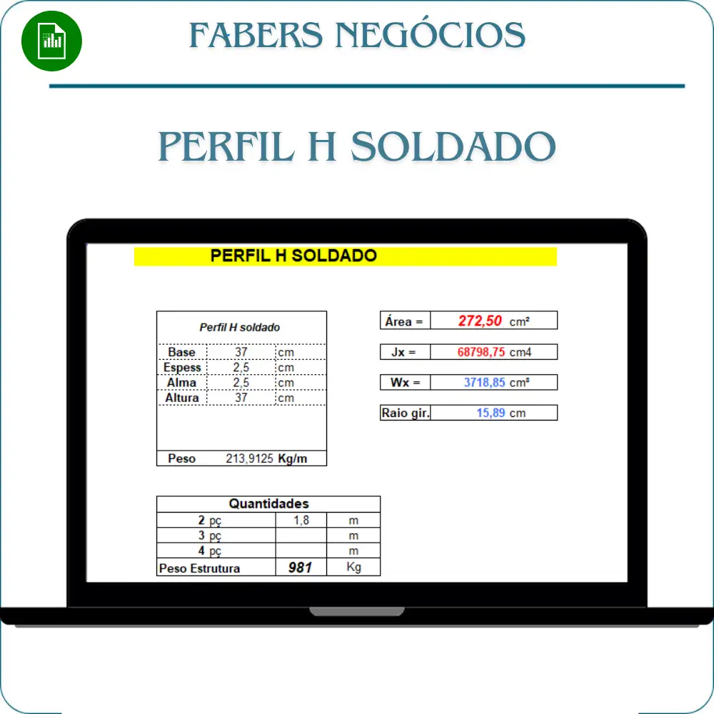 Planilha de Cálculo Perfil H soldado em Excel