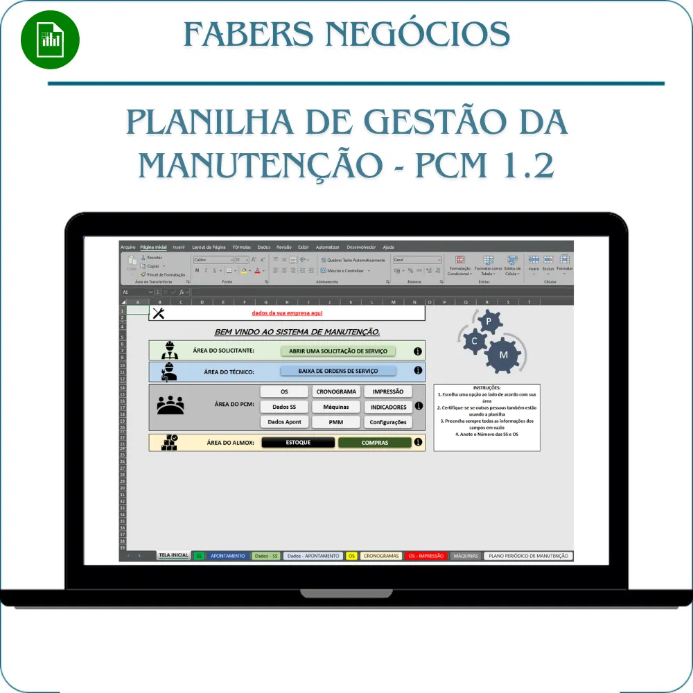 Planilha de gestão da manutenção - PCM 1.2 Completa em Excel