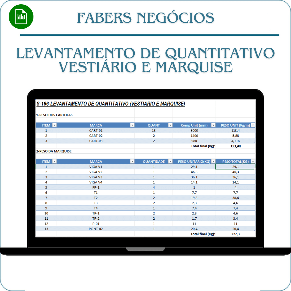 Planilha Levantamento Quantitativo de Vestiário e Marquise em Excel