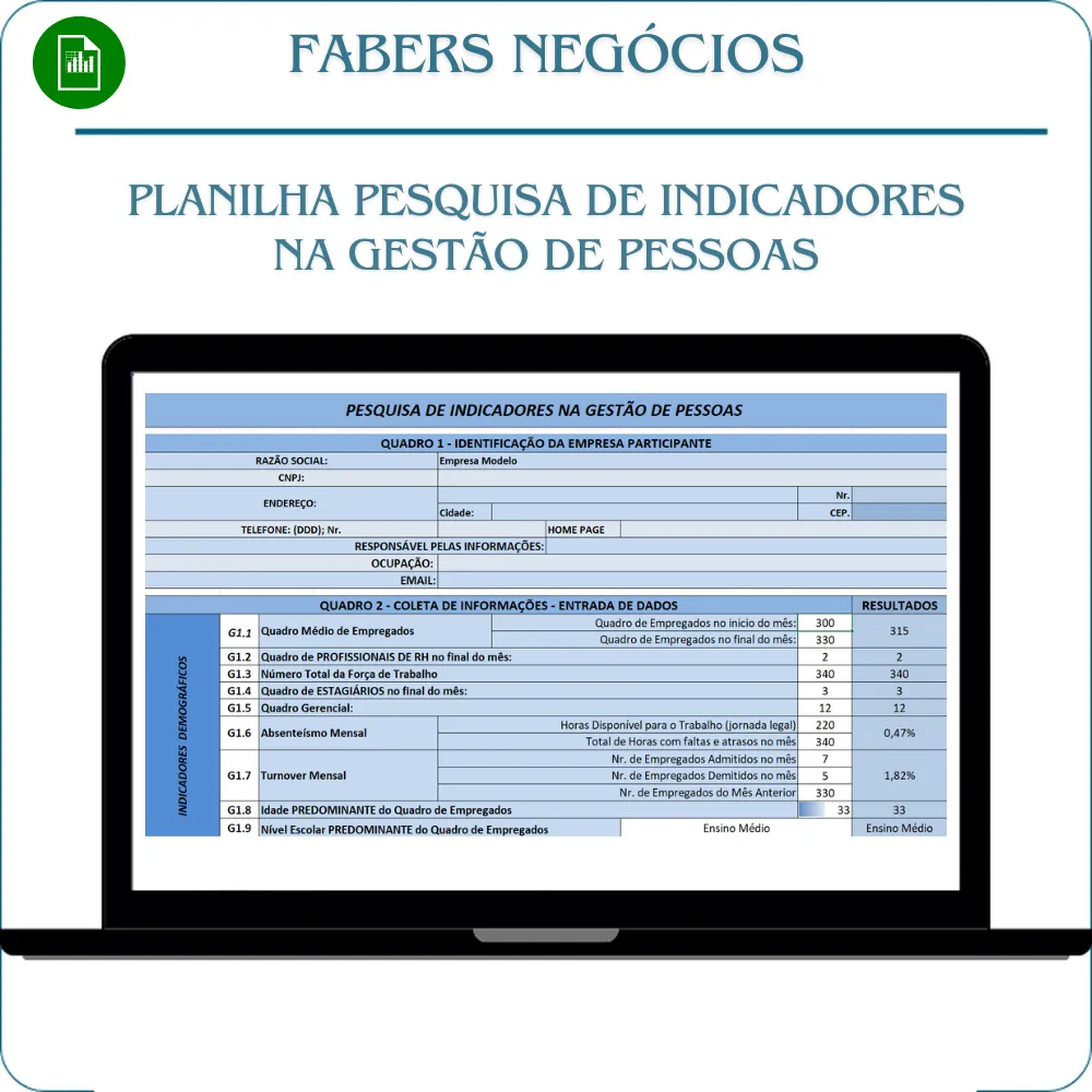Planilha pesquisa de indicadores na gestão de pessoas em Excel