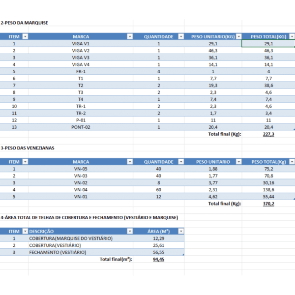 Planilha Levantamento Quantitativo de Vestiário e Marquise em Excel