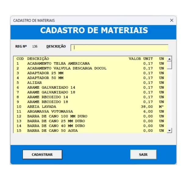 Cadastro de materiais para obras