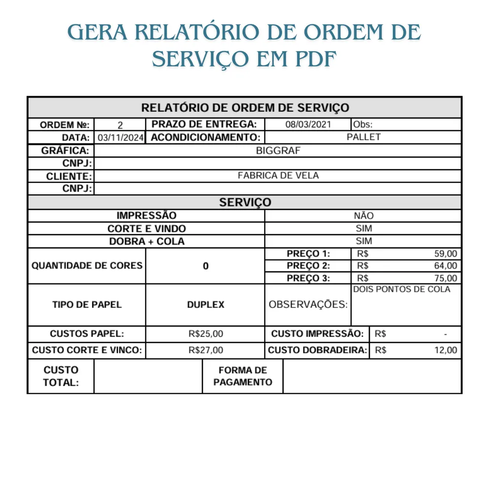 Planilha Sistema de cadastro para ordem de serviço para Gráficas em Excel - Imagem 3