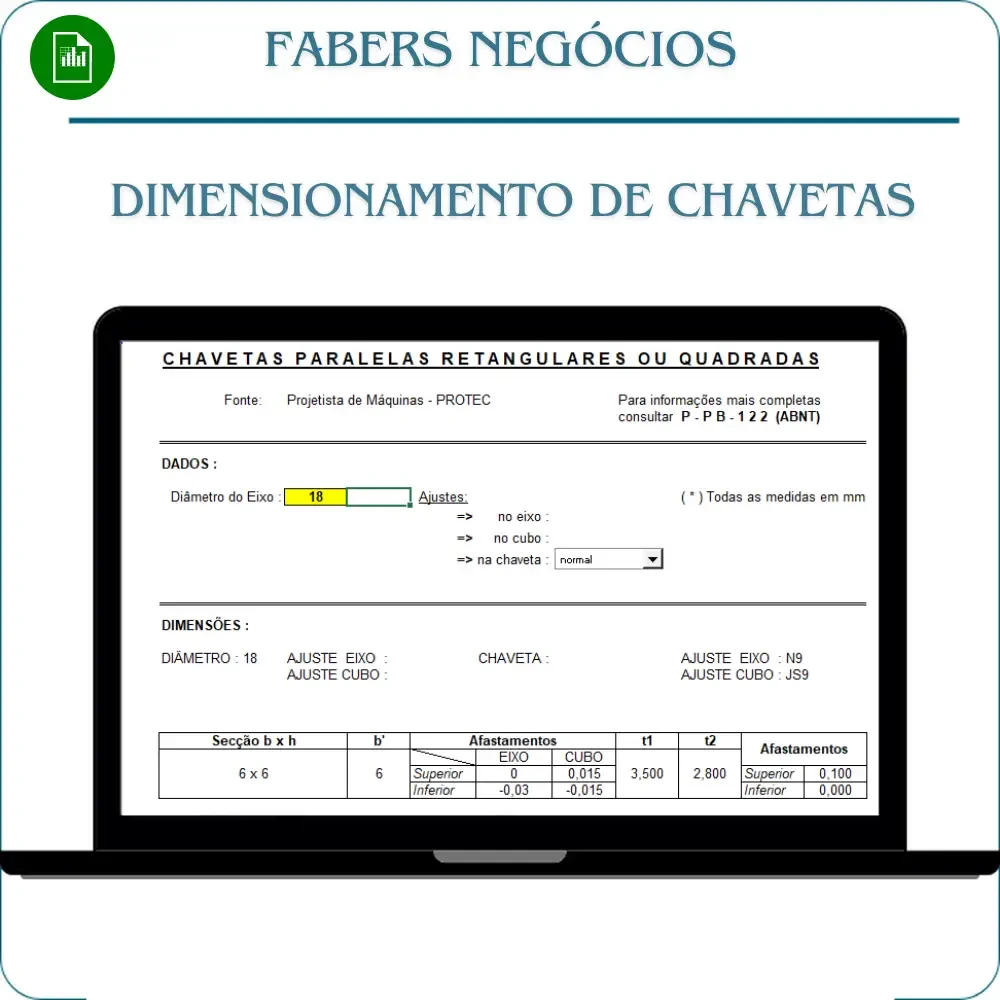 Planilha de dimensionamento de chavetas, quadrada, retangular e paralelas